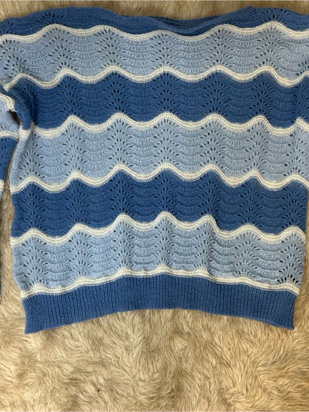 SHEIN Blue and Light Blue Wave-Stripe Openwork Knit Sweater